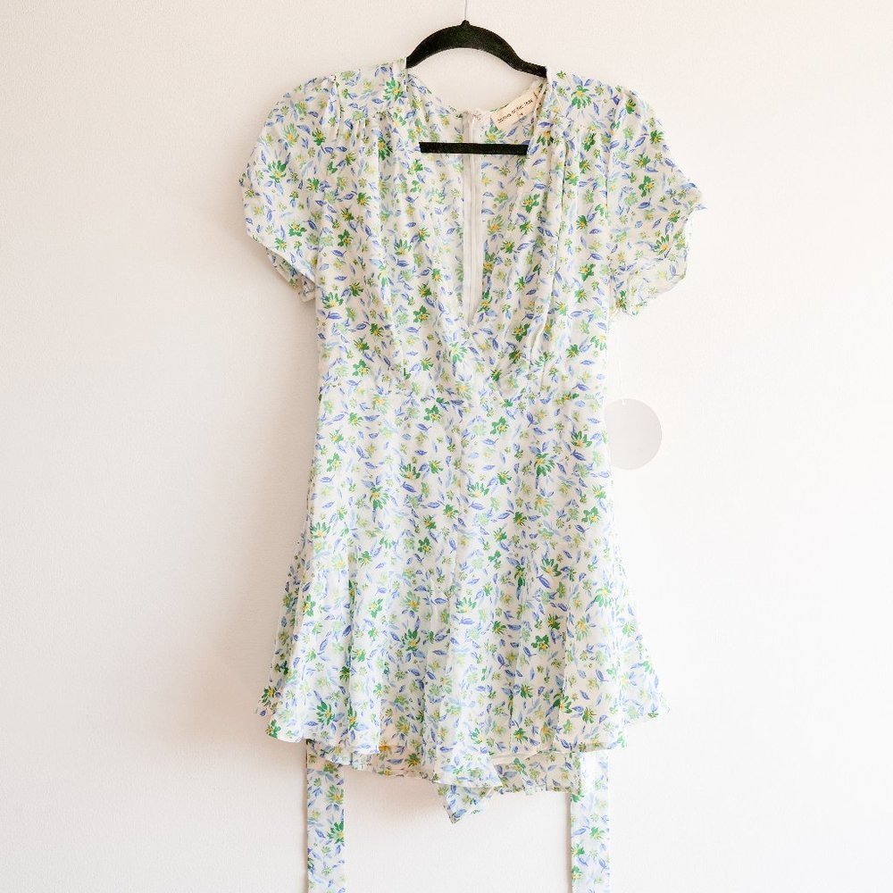 ASOS/sisters of the tribe blue & green floral wrap romper with tie waist *nwt*